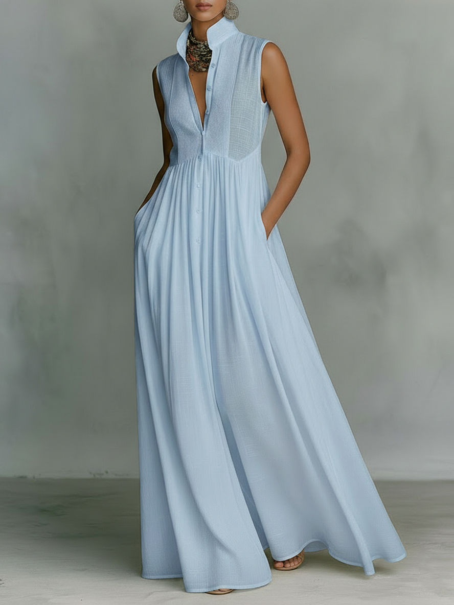 Vestido Maxi sin Mangas de Mezcla de Algodón y Lino Minimalista para Mujer