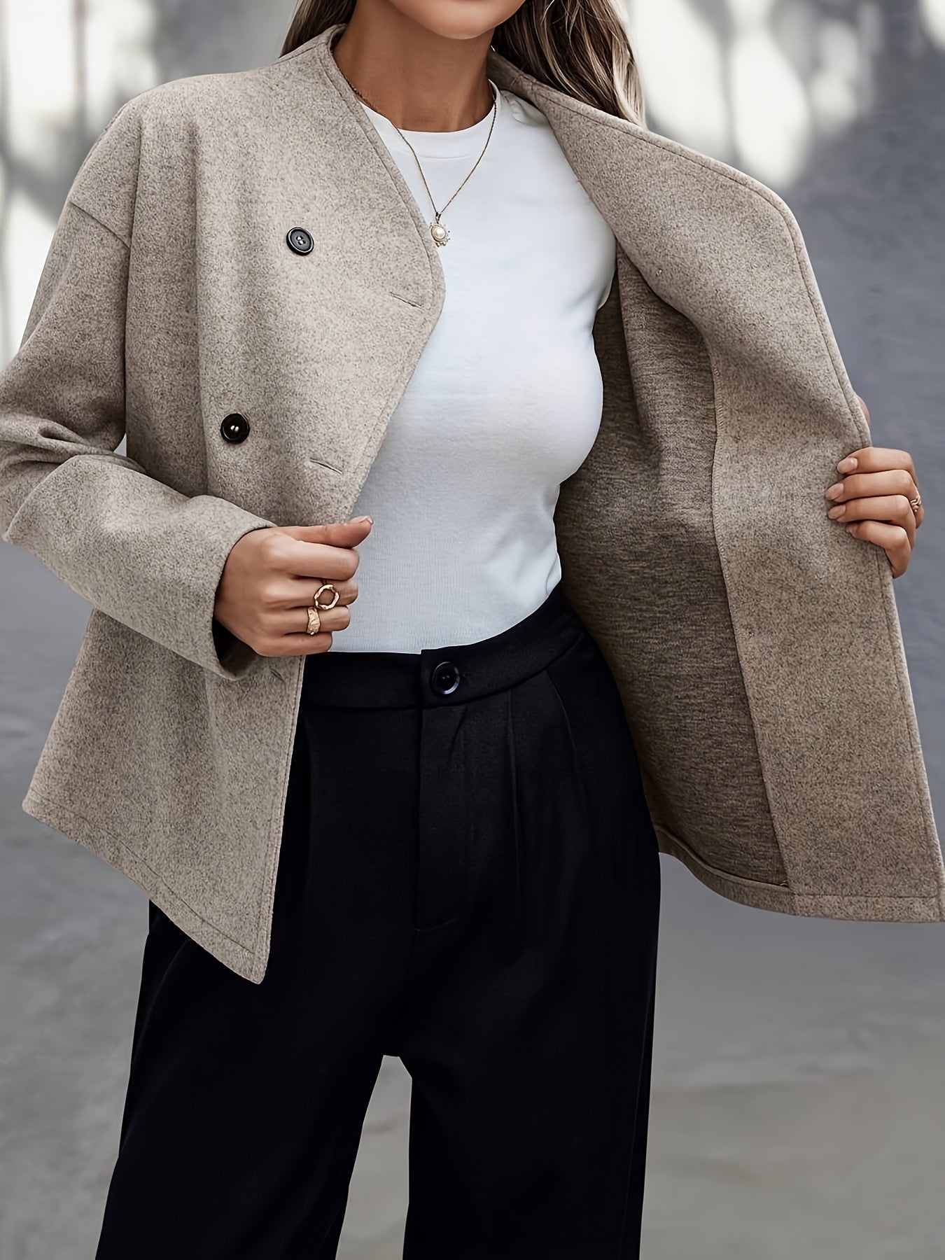 Helen / Elegante abrigo de lana color albaricoque para mujer, con cuello alto, manga larga, cierre cruzado de doble botonadura y corte oversize