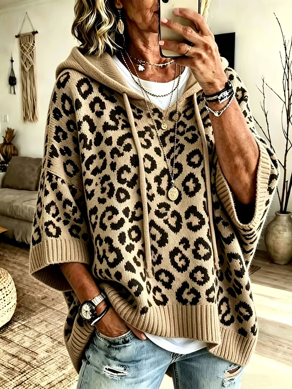 Sudadera Oversize Estampada de Leopardo Cómoda para Mujer con Cuello con Capucha, Manga Murciélago y Estilo de Punto con Cordón