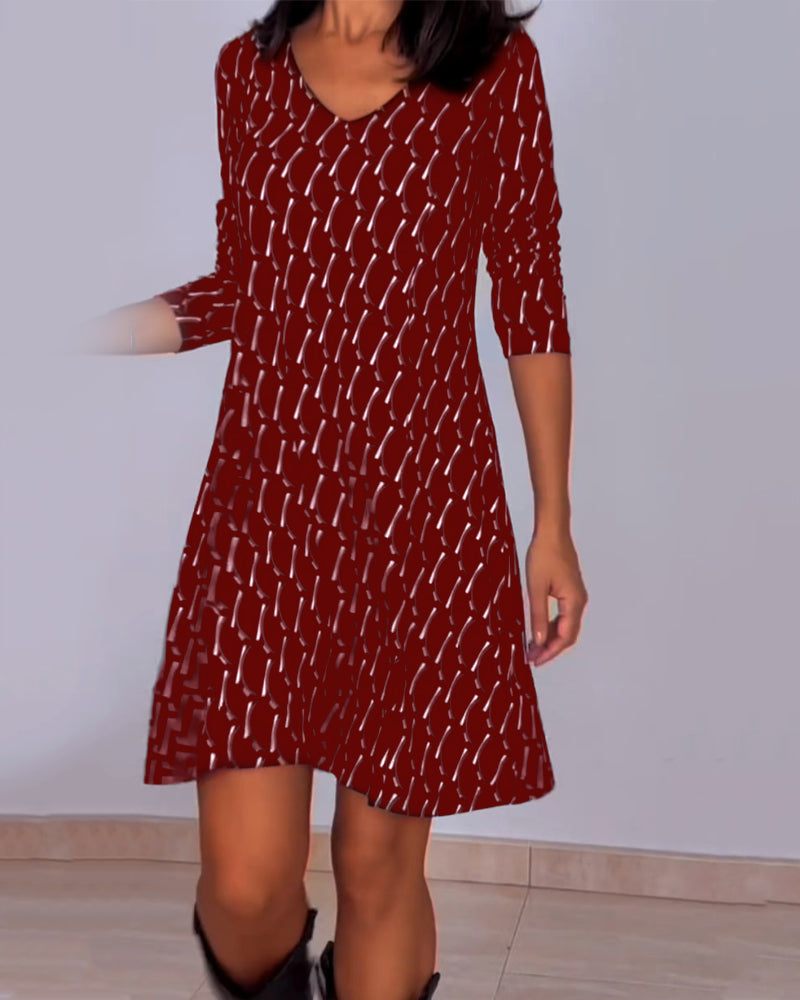 Vestido Cuadros Con Escote En V Y Manga Larga