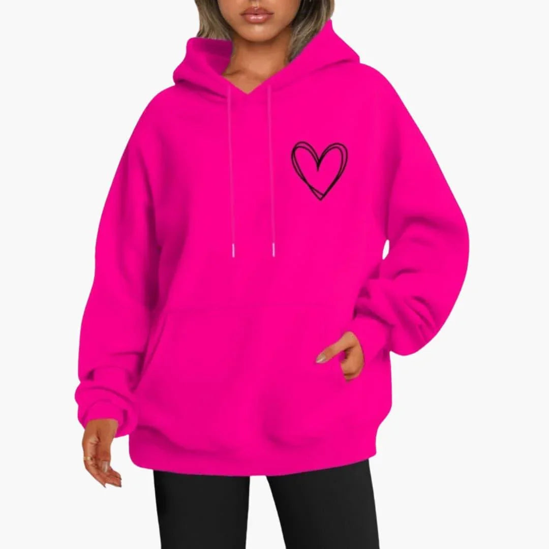 Sudadera Estampada de Corazones Cómoda para Mujer con Capucha de Cordón, Manga Larga y Estilo Oversize Relajado