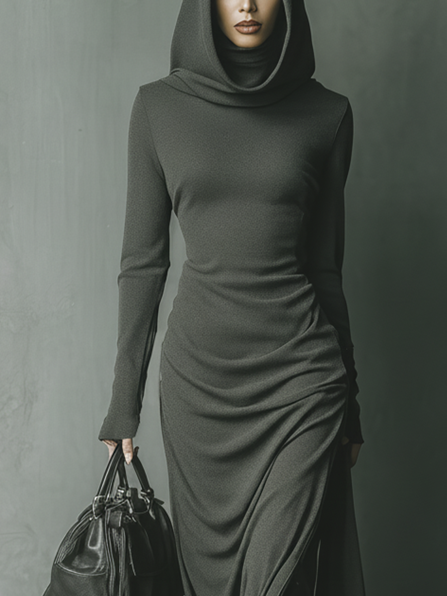 Vestido Maxi con Capucha de Punto Altamente Elástico Gris Oscuro para Mujer