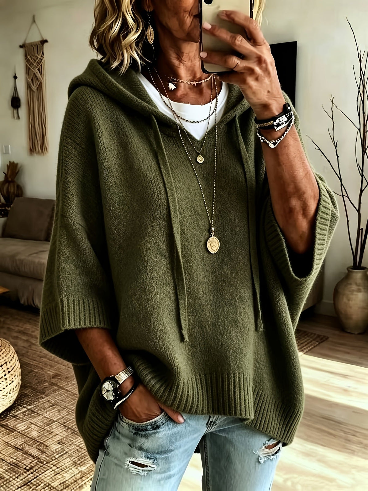 Sudadera de Punto Oversize Cómoda para Mujer con Cuello con Capucha, Media Manga Murciélago y Estilo Relajado