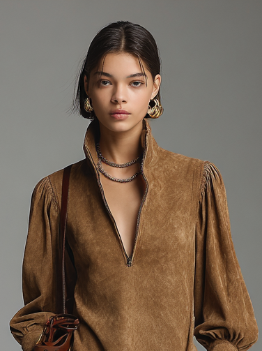 Vestido Mini a la Moda Holgado de Ante con Cremallera y Cuello Alto para Mujer