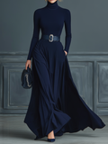 Vestido de Punto Azul Oscuro con Cuello Alto para Mujer
