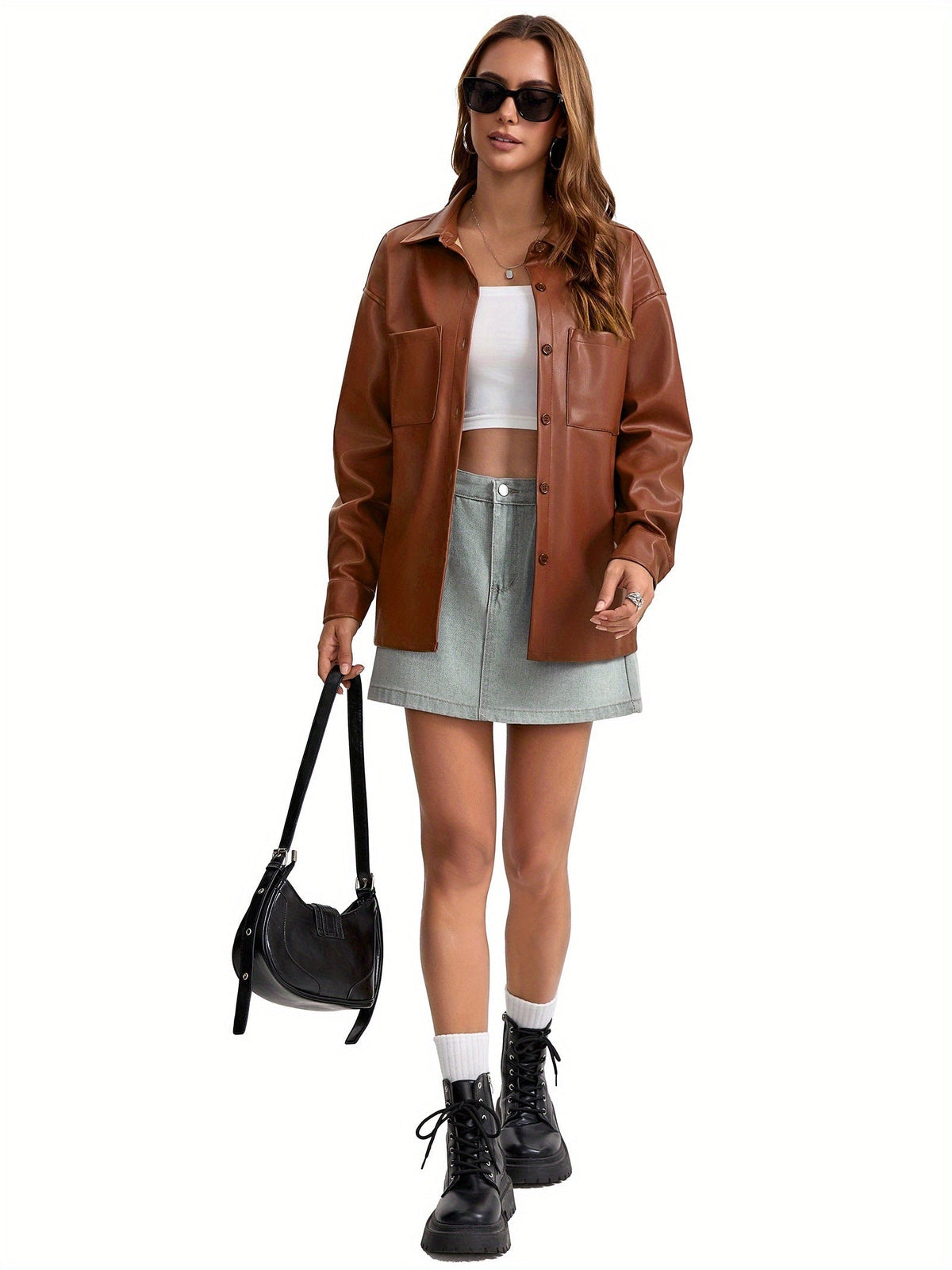 Verache / Chaqueta de cuero para mujer con botones delanteros, cuello camisero y corte oversize estilo sobrecamisa