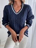 Jersey de Punto Trenzado Cómodo para Mujer con Cuello en V, Manga Larga, Ribete de Rayas y Estilo Oversize