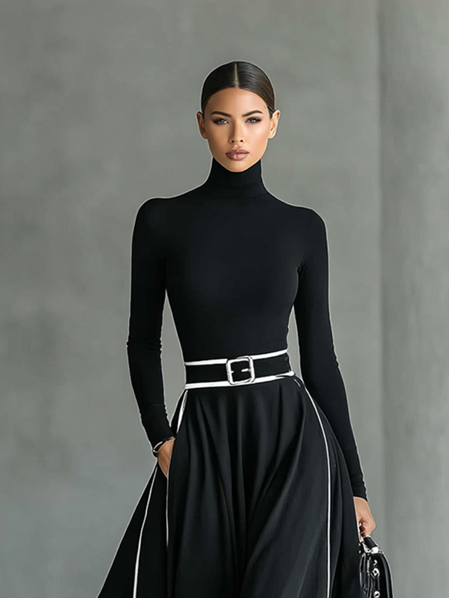 Vestido Maxi Negro Entallado con Cuello Alto Elegante