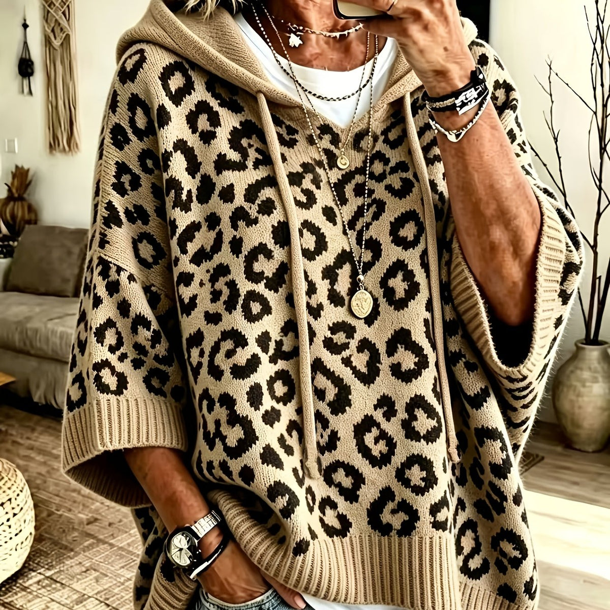 Sudadera Oversize Estampada de Leopardo Cómoda para Mujer con Cuello con Capucha, Manga Murciélago y Estilo de Punto con Cordón