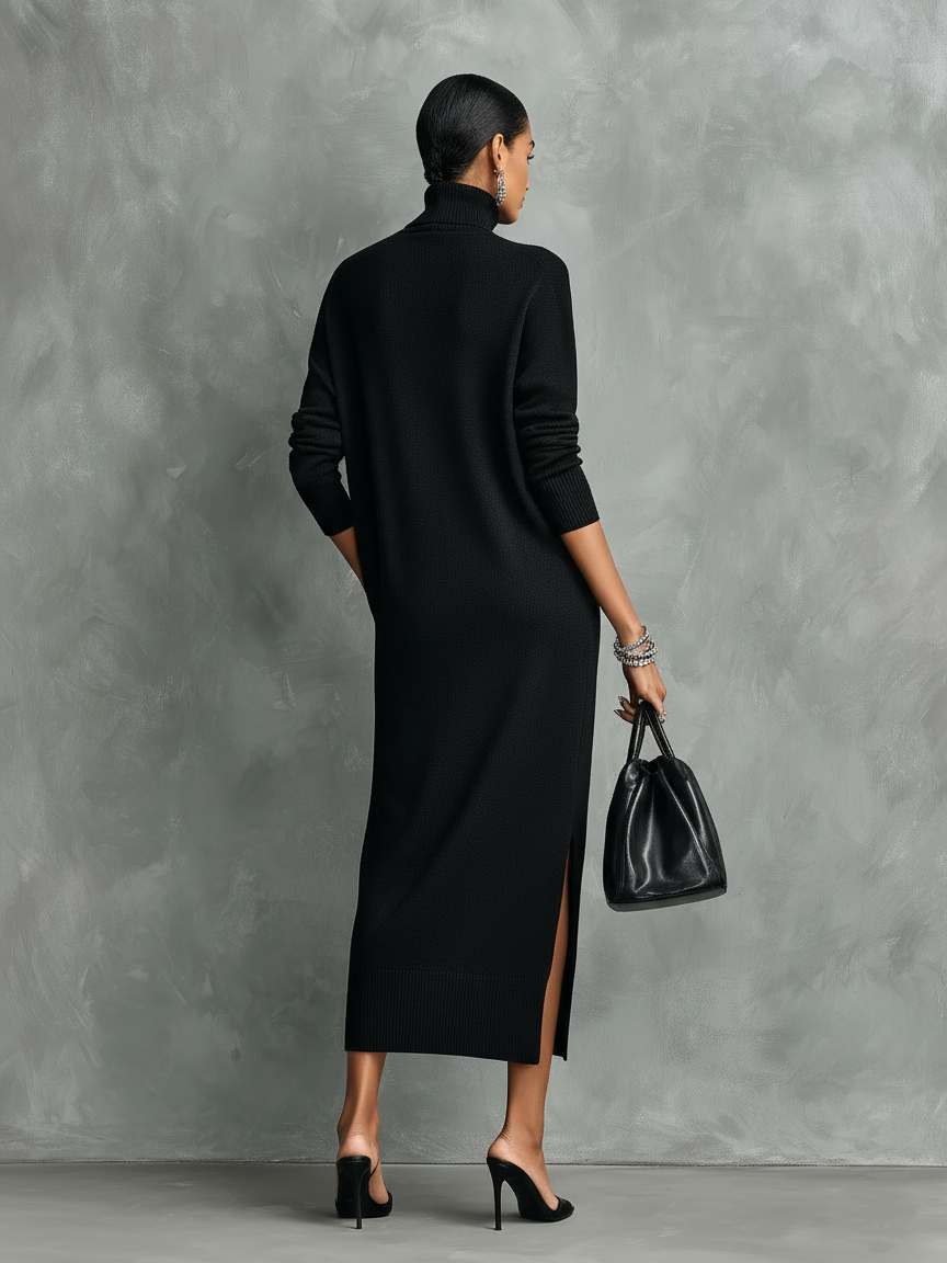 Vestido Midi De Punto Con Cuello Alto Y Manga Larga