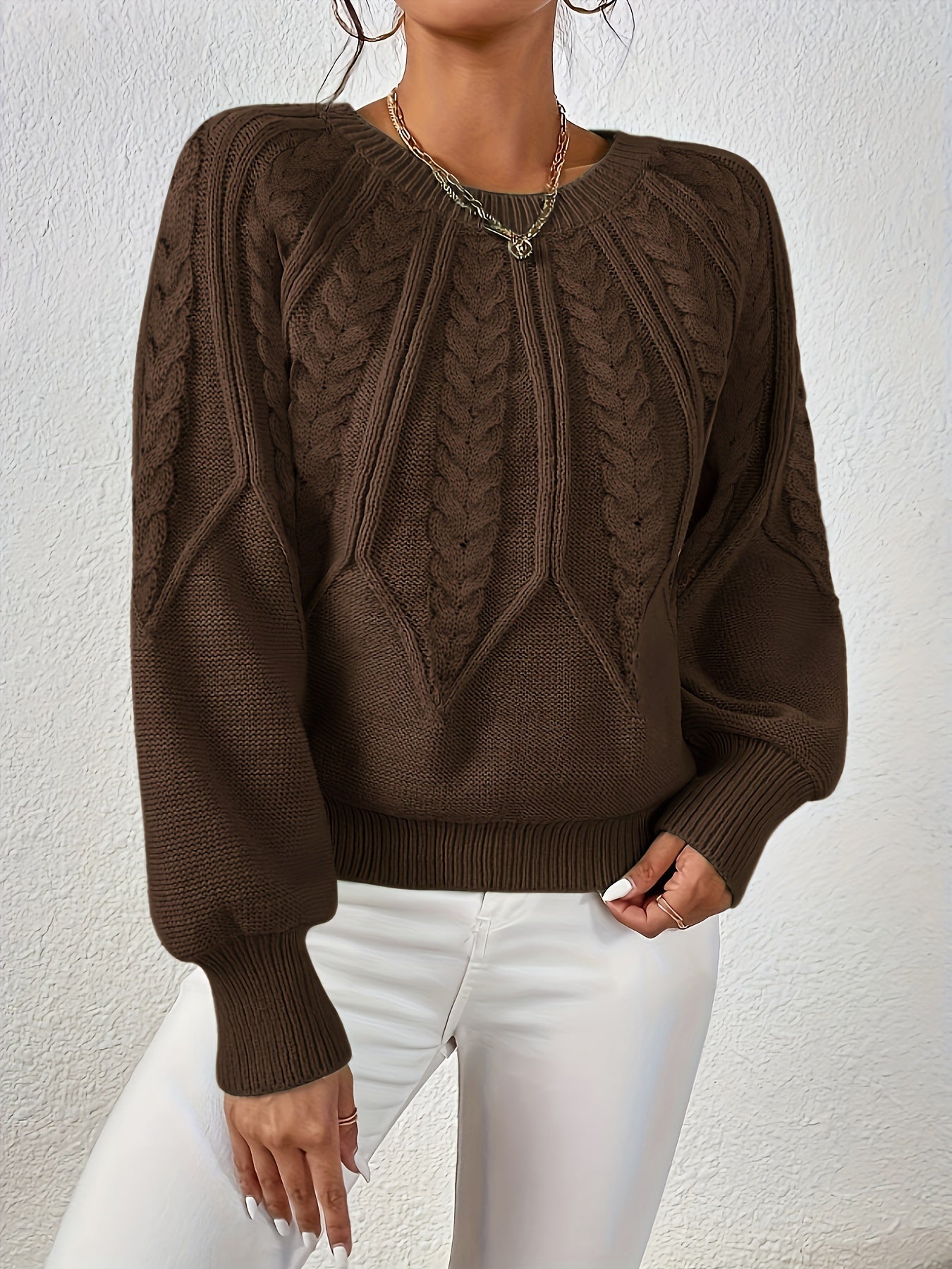 Jersey de Punto Trenzado Cómodo para Mujer con Cuello Redondo, Manga Globo y Estilo Cropped Oversize