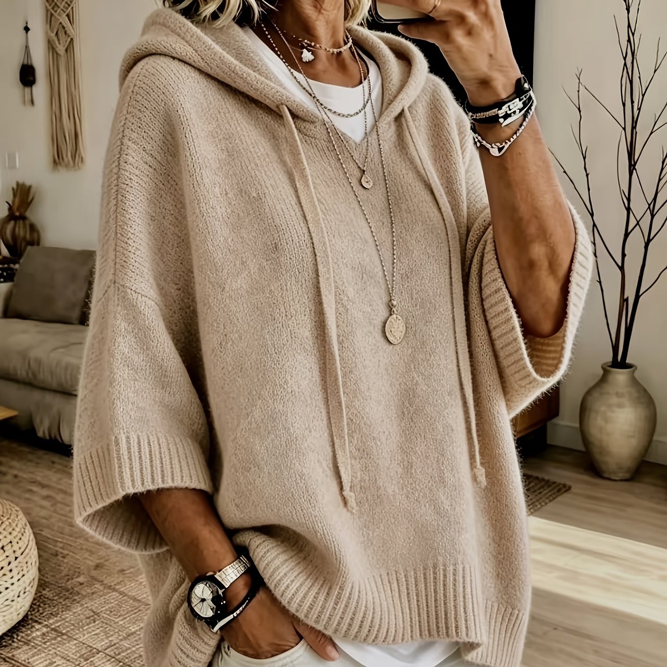 Sudadera de Punto Oversize Cómoda para Mujer con Cuello con Capucha, Media Manga Murciélago y Estilo Relajado