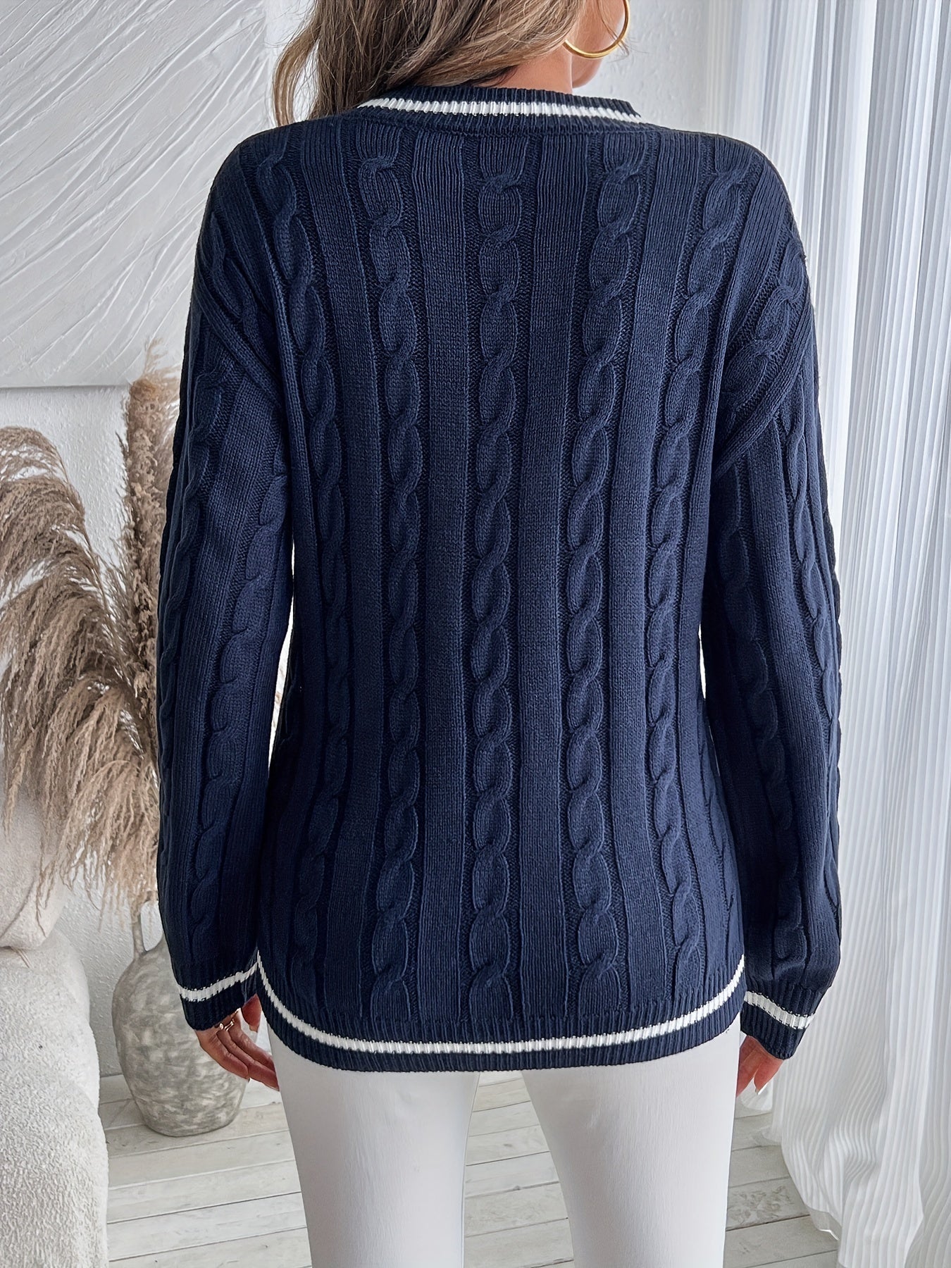 Jersey de Punto Trenzado Cómodo para Mujer con Cuello en V, Manga Larga, Ribete de Rayas y Estilo Oversize Relajado