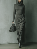 Vestido Maxi con Capucha de Punto Altamente Elástico Gris Oscuro para Mujer