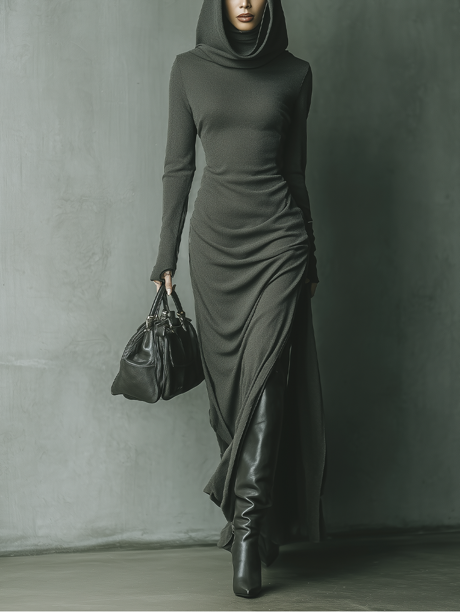 Vestido Maxi con Capucha de Punto Altamente Elástico Gris Oscuro para Mujer