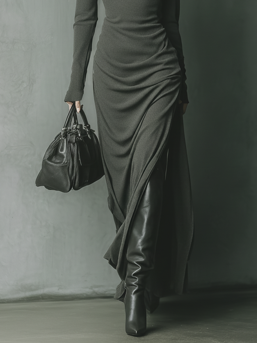 Vestido Maxi con Capucha de Punto Altamente Elástico Gris Oscuro para Mujer