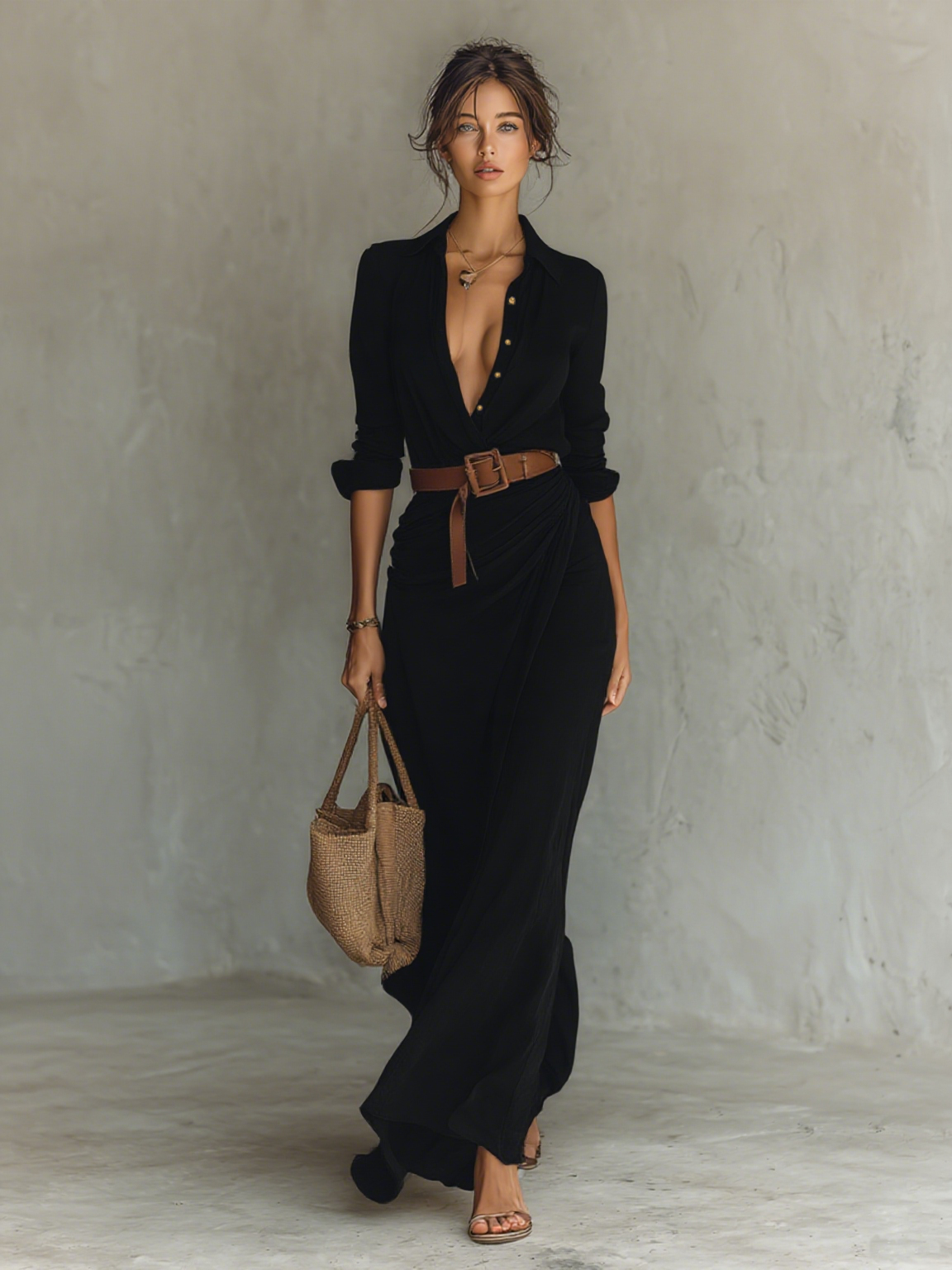 Vestido Maxi Elegante con Cuello y Cinturón Mujer