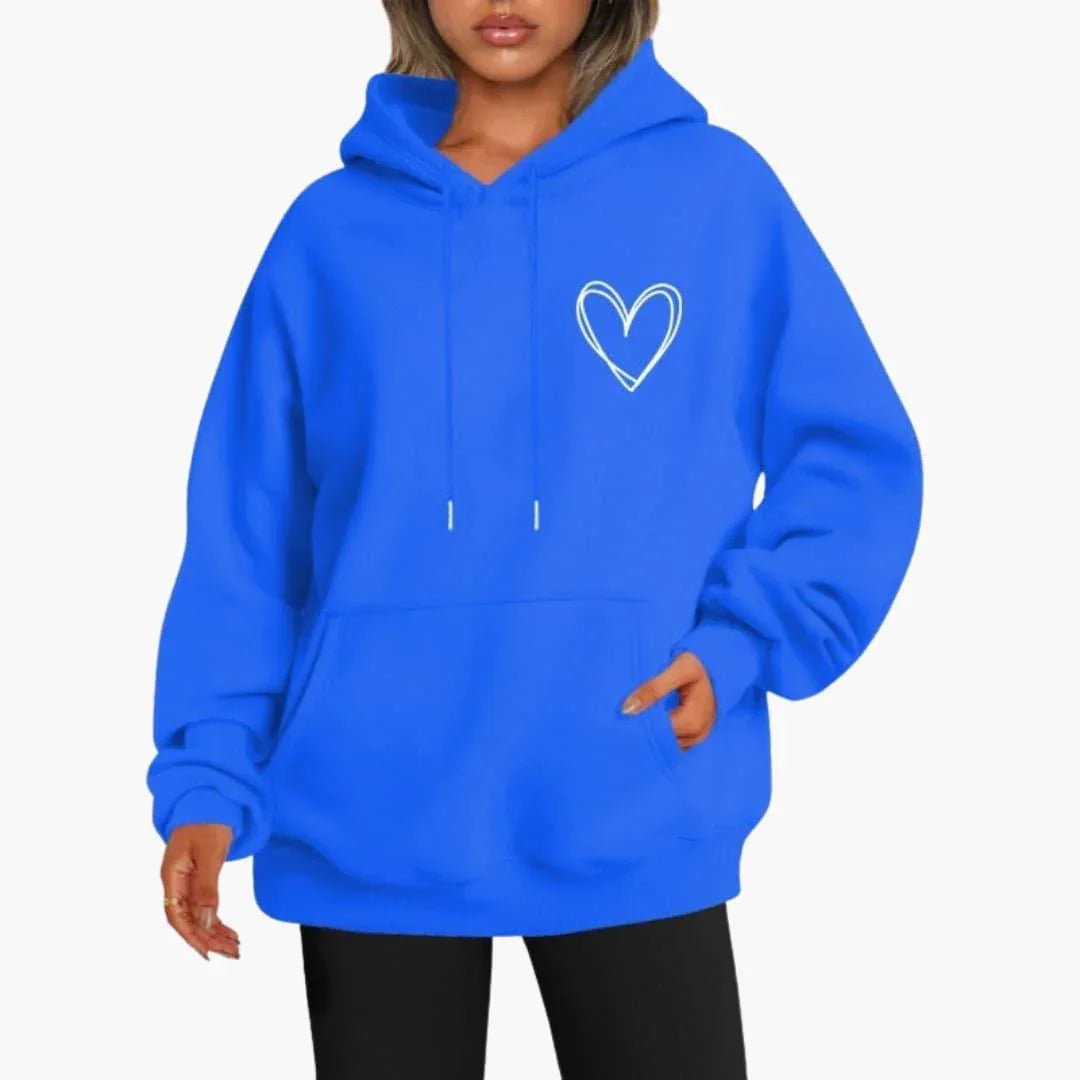 Sudadera Estampada de Corazones Cómoda para Mujer con Capucha de Cordón, Manga Larga y Estilo Oversize Relajado