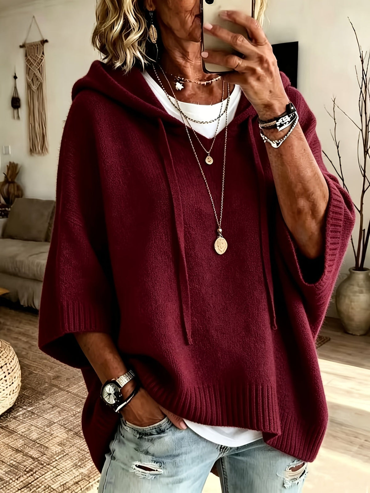 Sudadera de Punto Oversize Cómoda para Mujer con Cuello con Capucha, Media Manga Murciélago y Estilo Relajado
