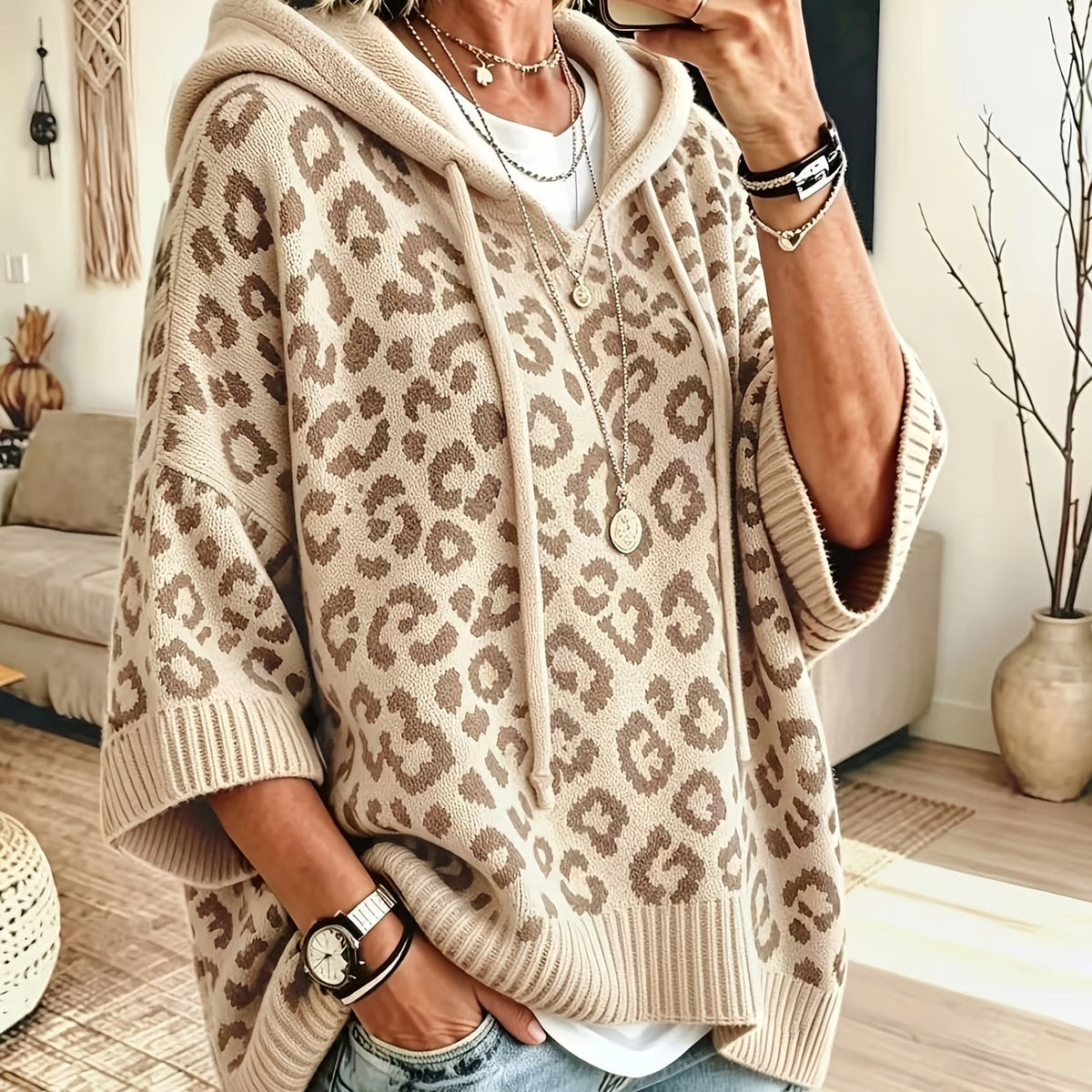 Sudadera Oversize Estampada de Leopardo Cómoda para Mujer con Cuello con Capucha, Manga Murciélago y Estilo de Punto con Cordón