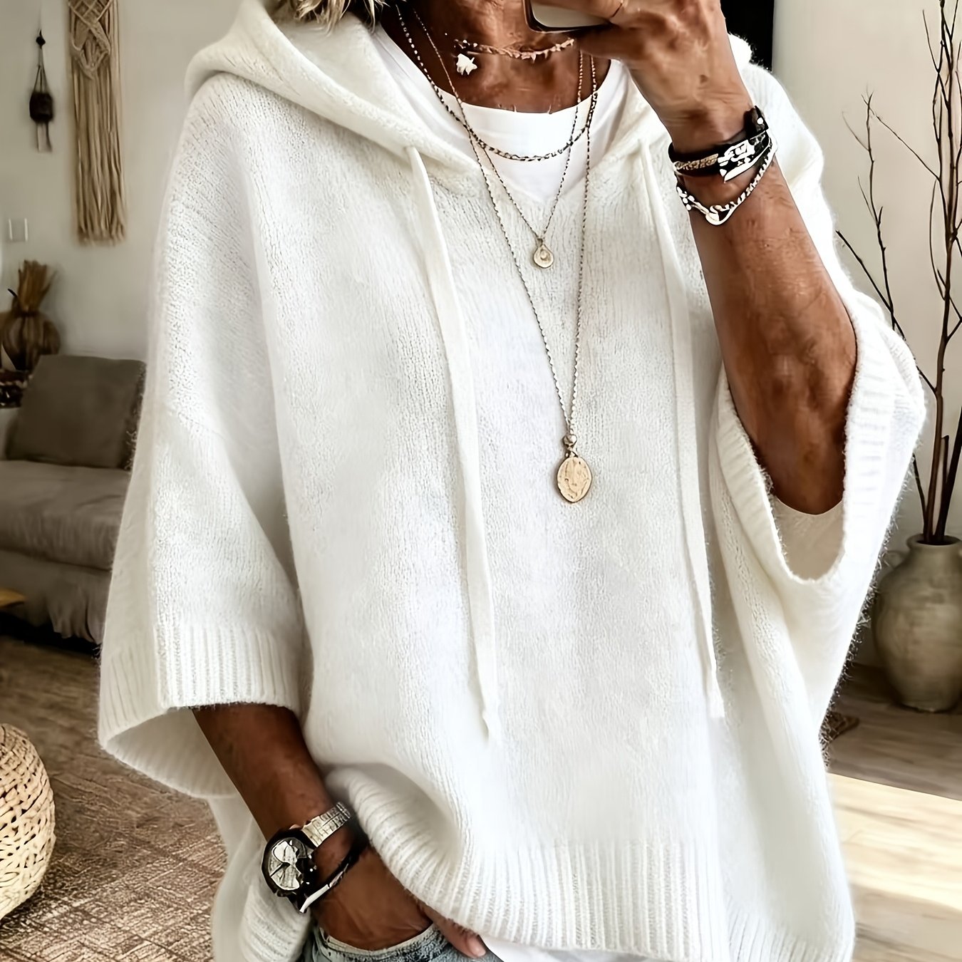 Sudadera de Punto Oversize Cómoda para Mujer con Cuello con Capucha, Media Manga Murciélago y Estilo Relajado
