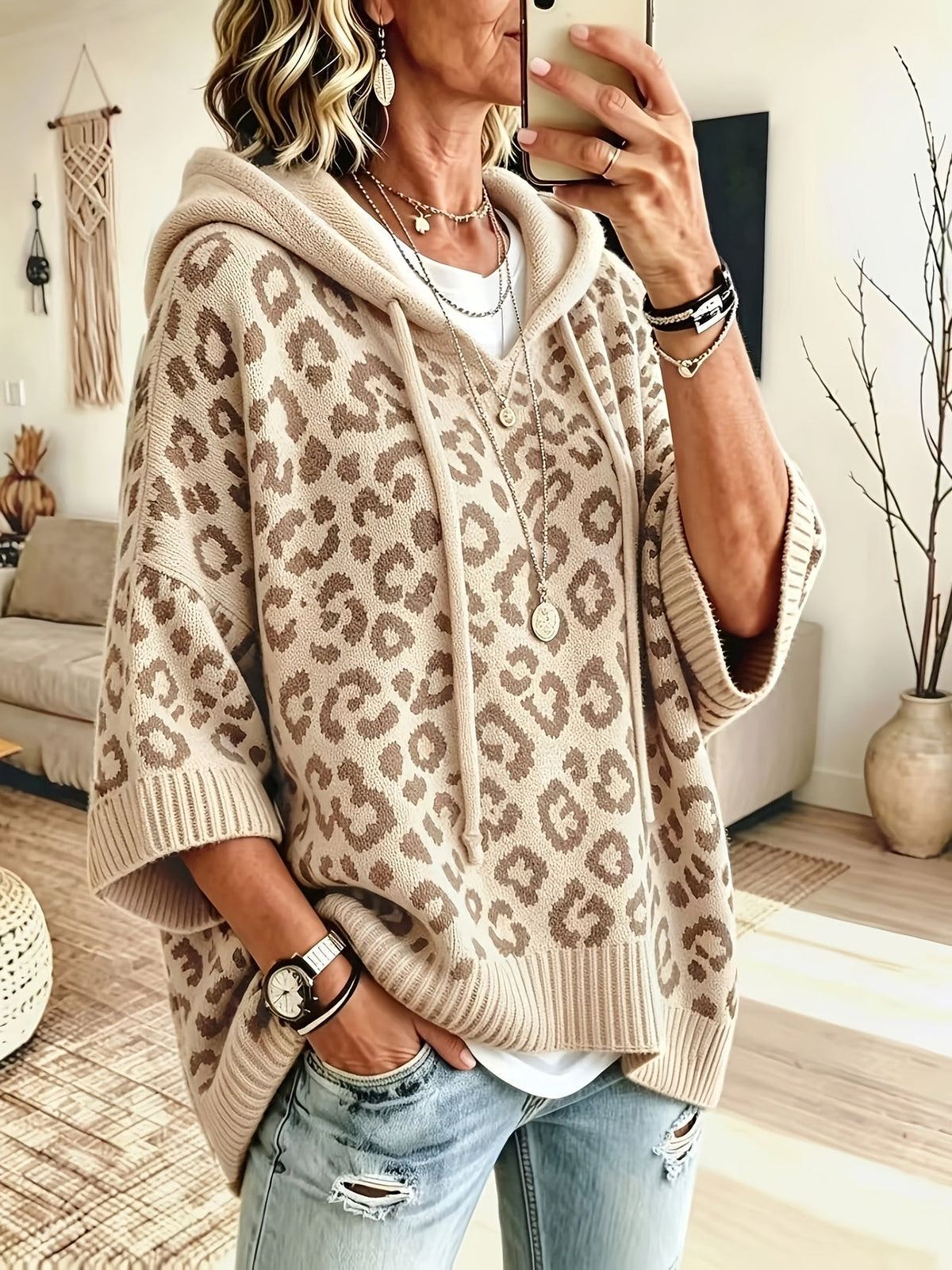 Sudadera Oversize Estampada de Leopardo Cómoda para Mujer con Cuello con Capucha, Manga Murciélago y Estilo de Punto con Cordón