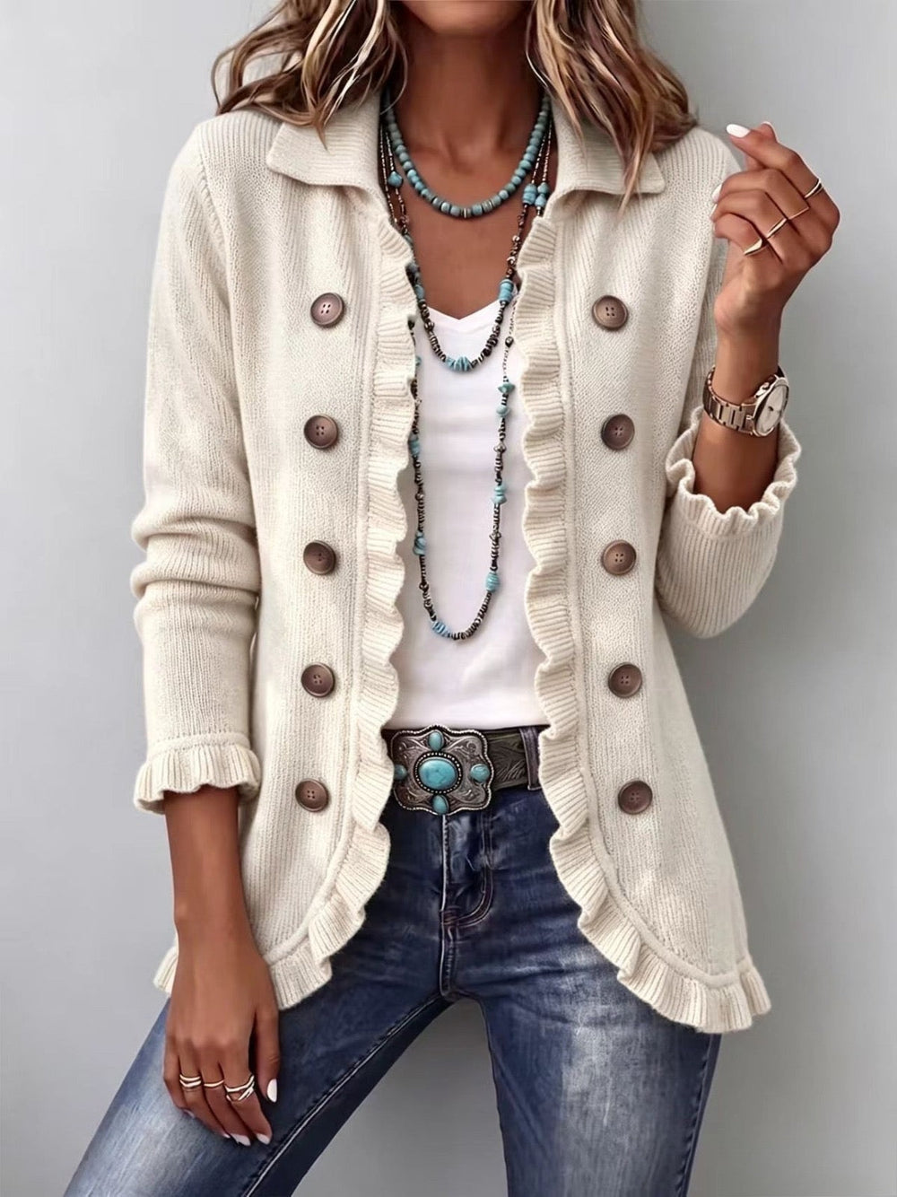 Adeline | Chaqueta con Volantes de Punto Canalé Marfil