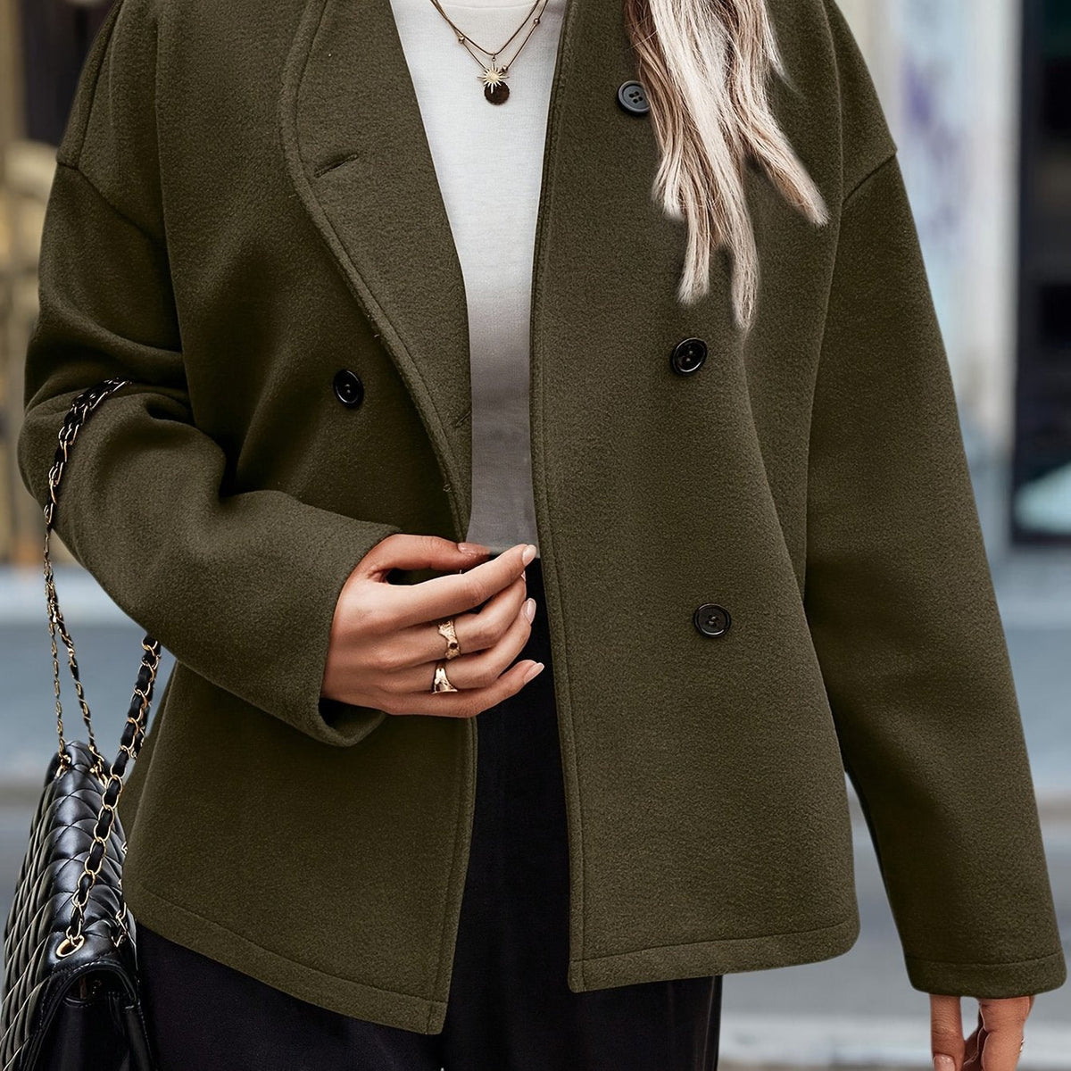 Caroline / Elegante abrigo verde oscuro para mujer con cuello alto, manga larga, cierre cruzado de doble botonadura y corte relajado