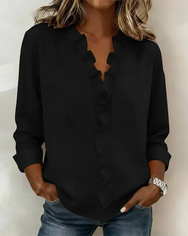 Blusa Elegante con Escote en V y Volantes Delicados