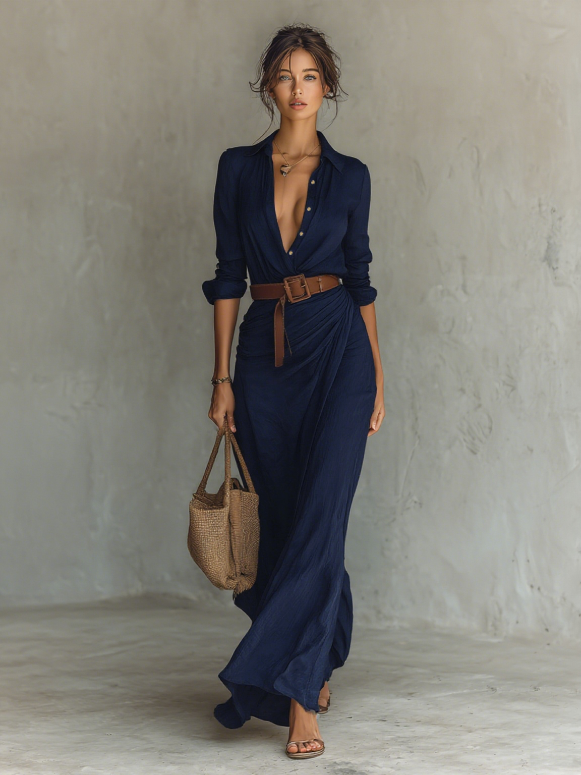 Vestido Maxi Elegante con Cuello y Cinturón Mujer