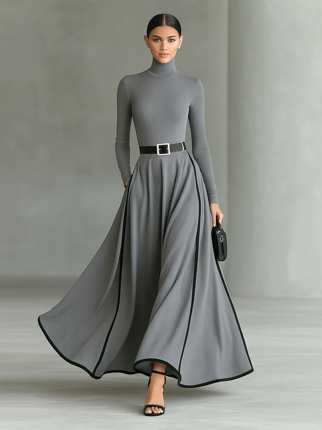 Vestido Maxi Negro Entallado con Cuello Alto Elegante
