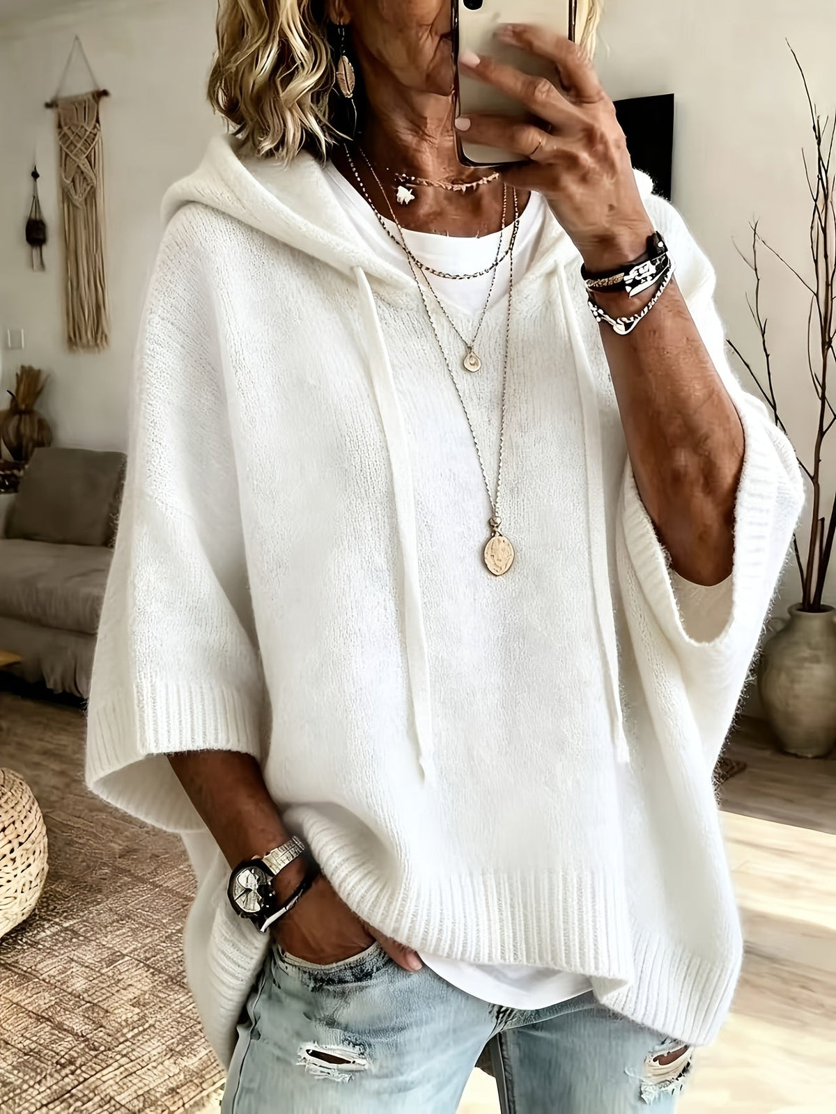 Sudadera de Punto Oversize Cómoda para Mujer con Cuello con Capucha, Media Manga Murciélago y Estilo Relajado
