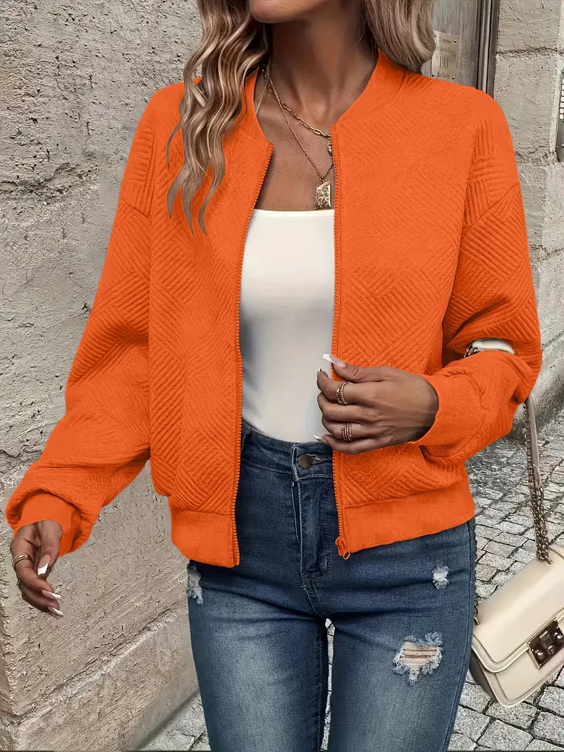Chaqueta bomber acolchada desenfadada para mujer con cuello redondo, manga larga, cierre frontal de cremallera y estilo corto casual