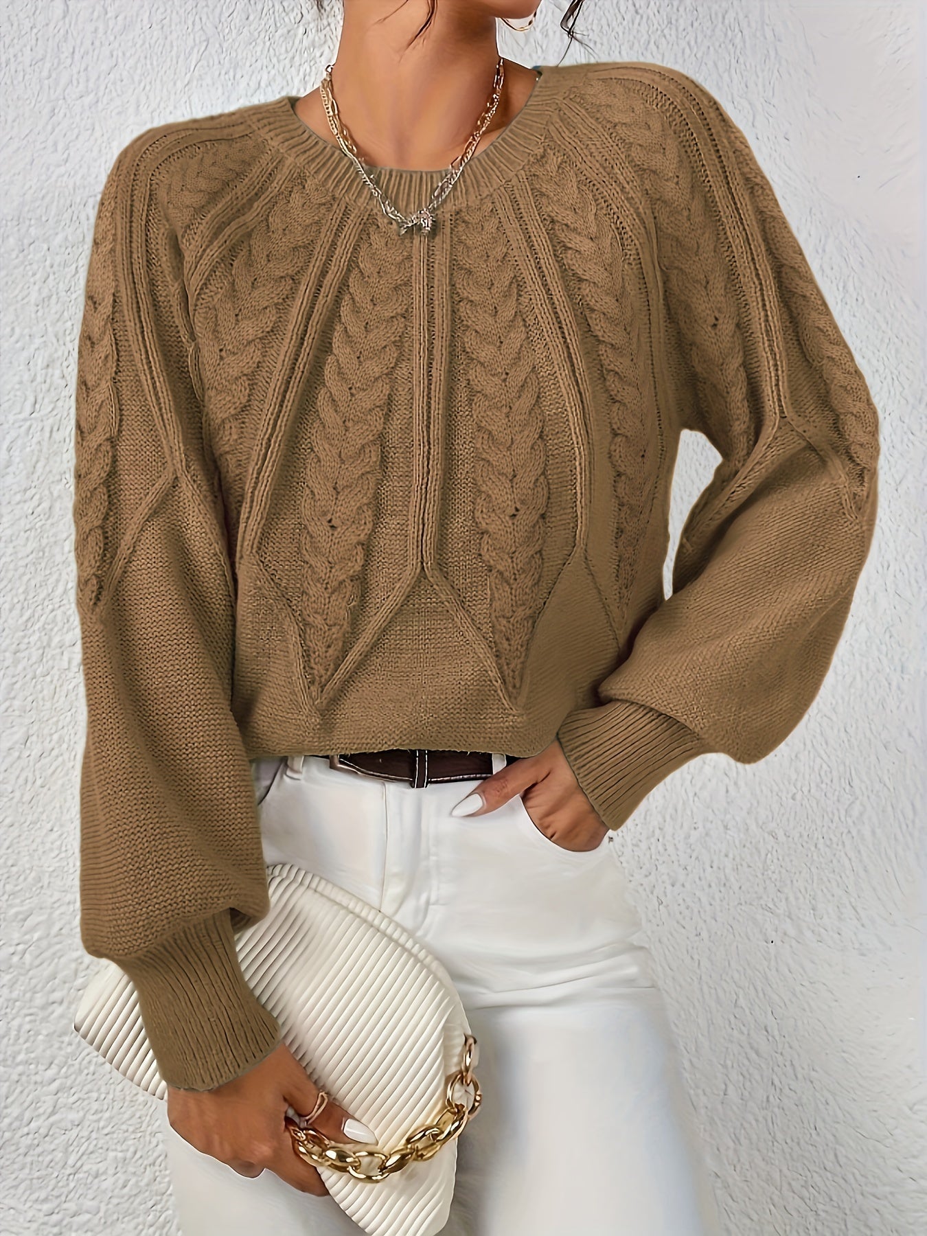 Jersey de Punto Trenzado Cómodo para Mujer con Cuello Redondo, Manga Globo y Estilo Cropped Oversize