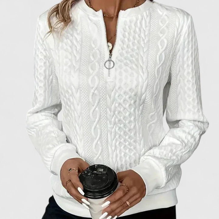 Jersey de Punto Trenzado Cómodo para Mujer con Cuello Redondo, Media Cremallera, Manga Larga y Estilo Relajado