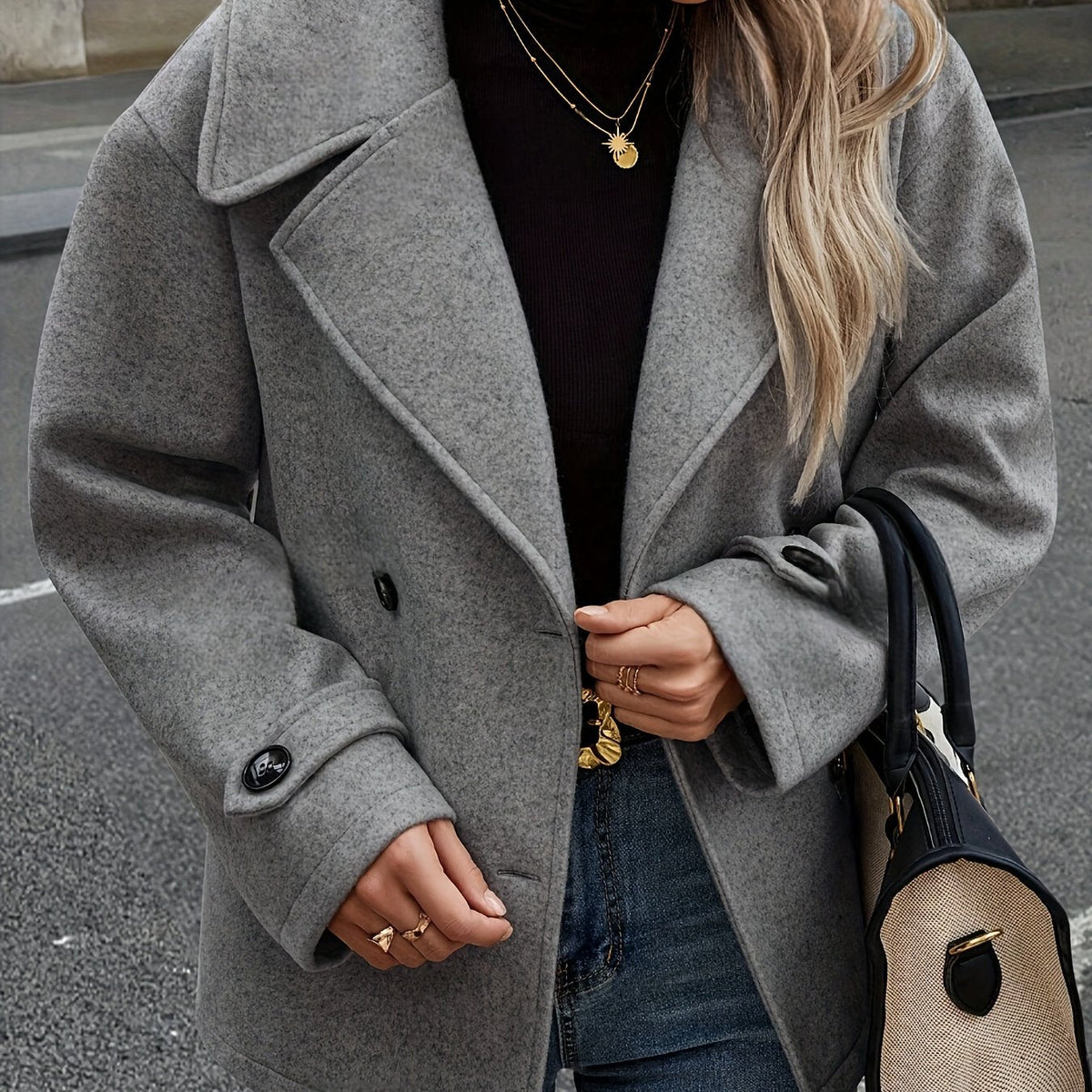 Martina / Elegante abrigo de lana gris oscuro para mujer con solapas de muesca, manga larga, cierre cruzado de doble botonadura y corte oversize