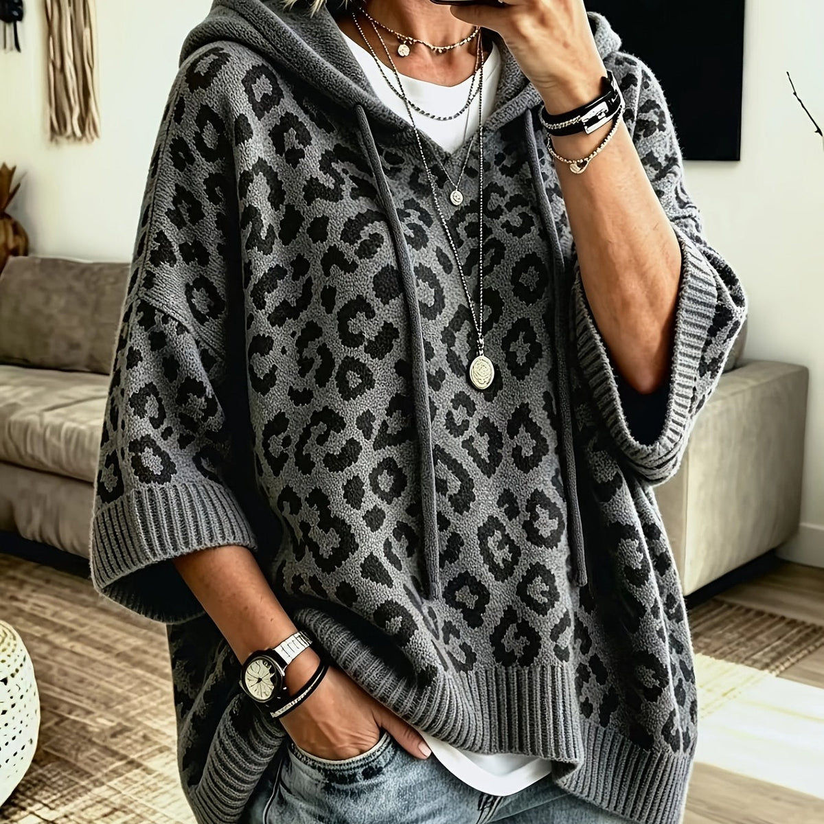 Sudadera Oversize Estampada de Leopardo Cómoda para Mujer con Cuello con Capucha, Manga Murciélago y Estilo de Punto con Cordón