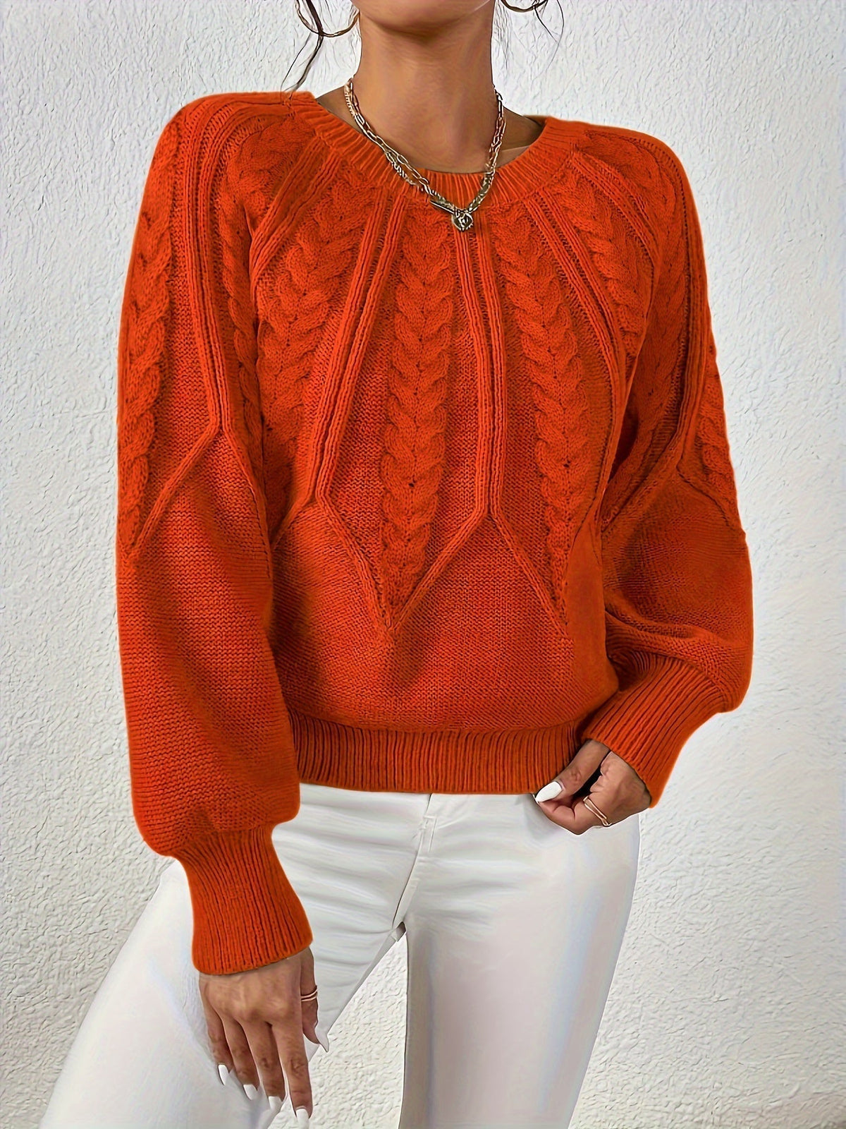 Jersey de Punto Trenzado Cómodo para Mujer con Cuello Redondo, Manga Globo y Estilo Cropped Oversize