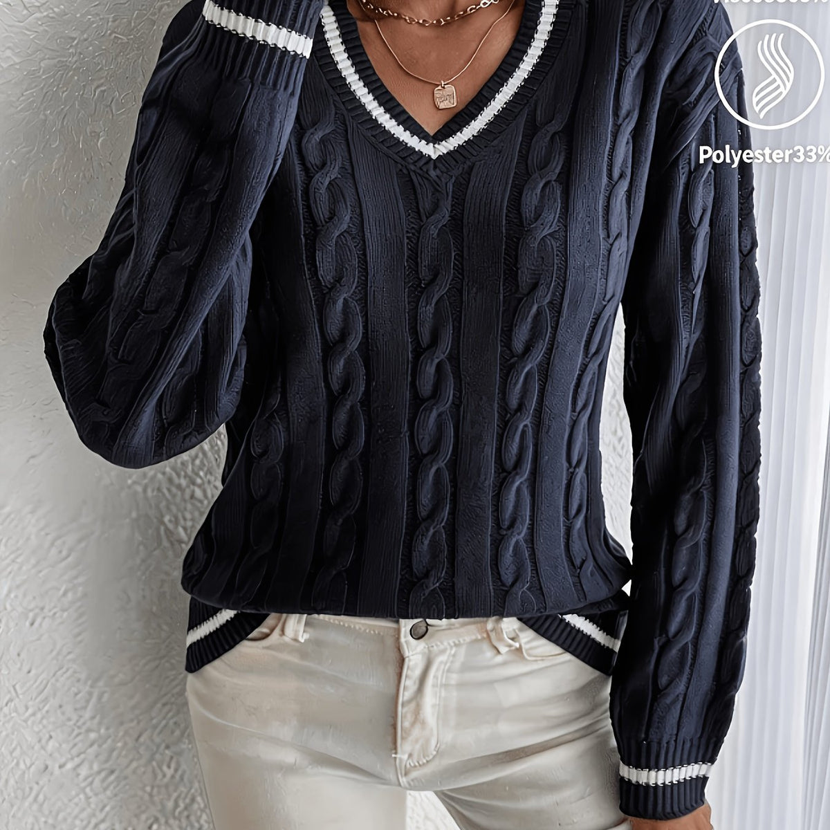 Jersey de Punto Trenzado Cómodo para Mujer con Cuello en V, Manga Larga, Ribete de Rayas y Estilo Oversize Relajado