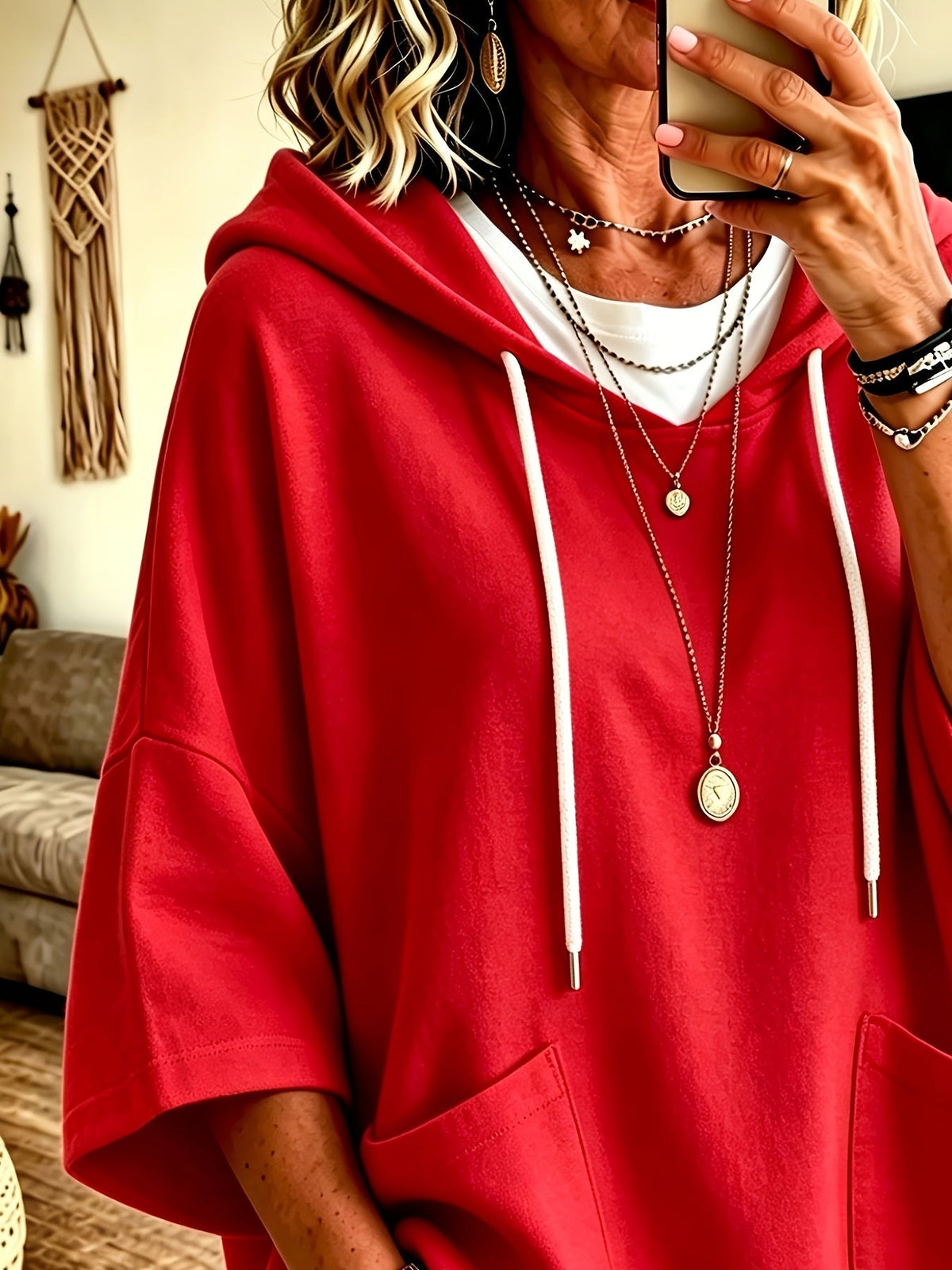 Sudadera de Forro Polar Oversize Cómoda para Mujer con Capucha de Cordón, Manga Murciélago, Bolsillo Canguro y Estilo Relajado