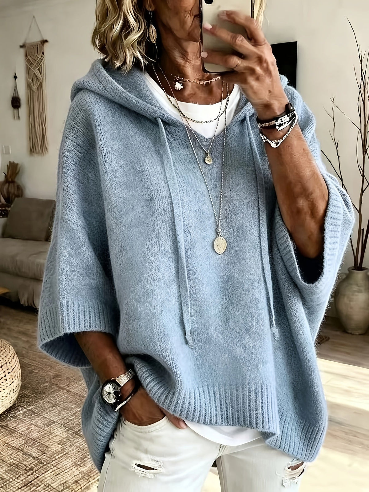 Sudadera de Punto Oversize Cómoda para Mujer con Cuello con Capucha, Media Manga Murciélago y Estilo Relajado