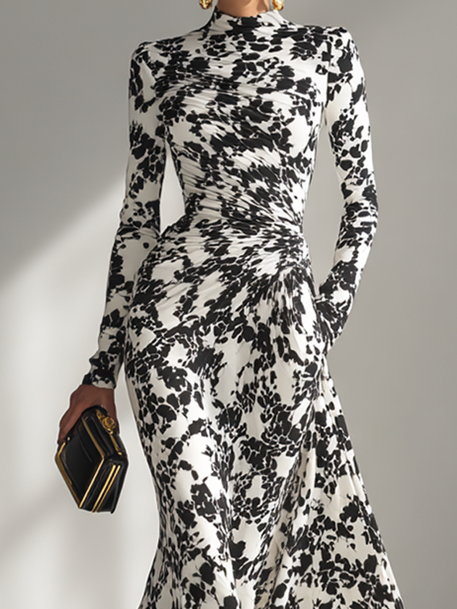 Vestido Maxi Floral Elegante Cuello Alto Manga Larga