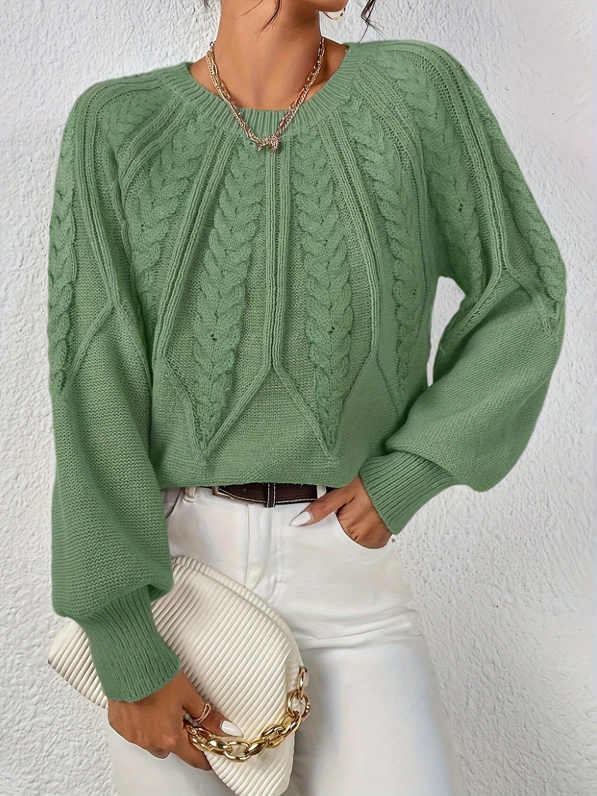 Jersey de Punto Trenzado Cómodo para Mujer con Cuello Redondo, Manga Globo y Estilo Cropped Oversize