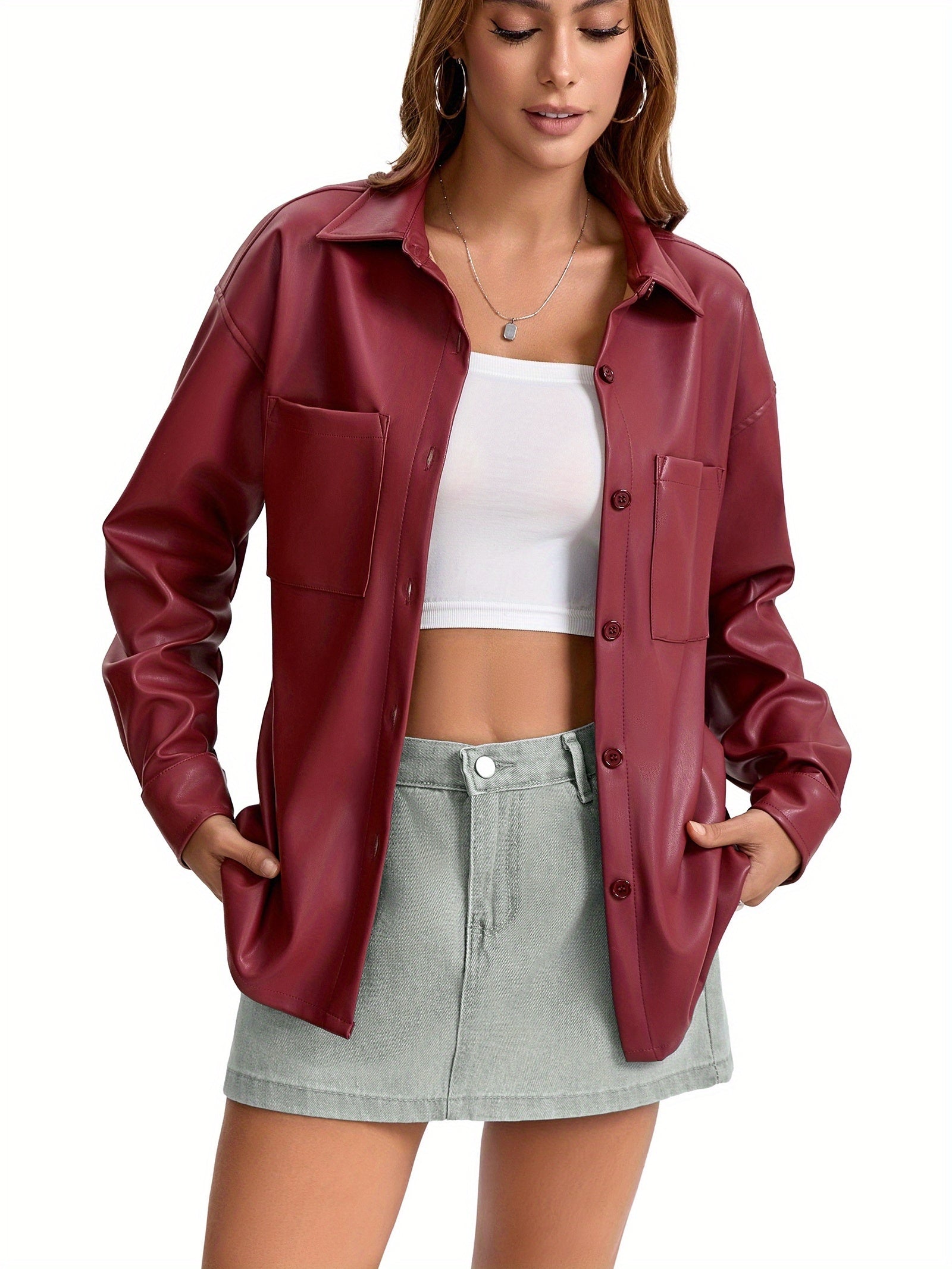 Verache / Chaqueta de cuero para mujer con botones delanteros, cuello camisero y corte oversize estilo sobrecamisa