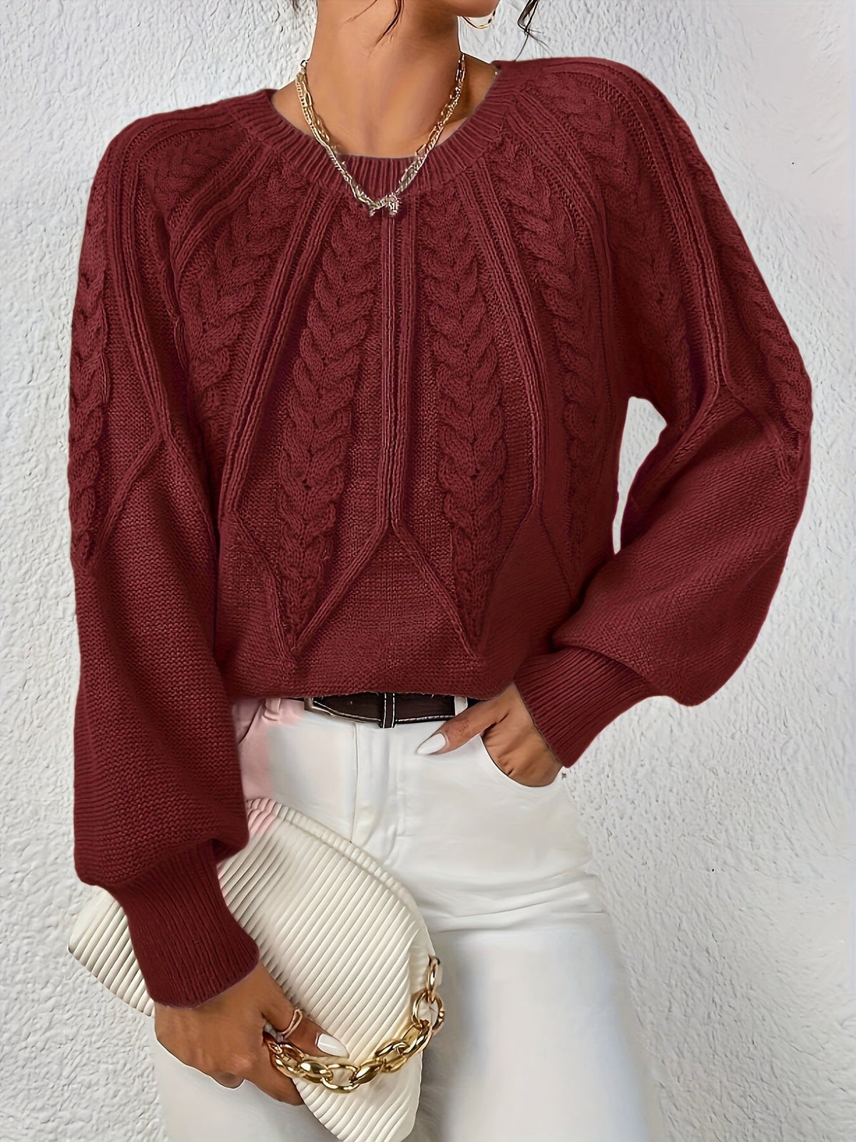 Jersey de Punto Trenzado Cómodo para Mujer con Cuello Redondo, Manga Globo y Estilo Cropped Oversize