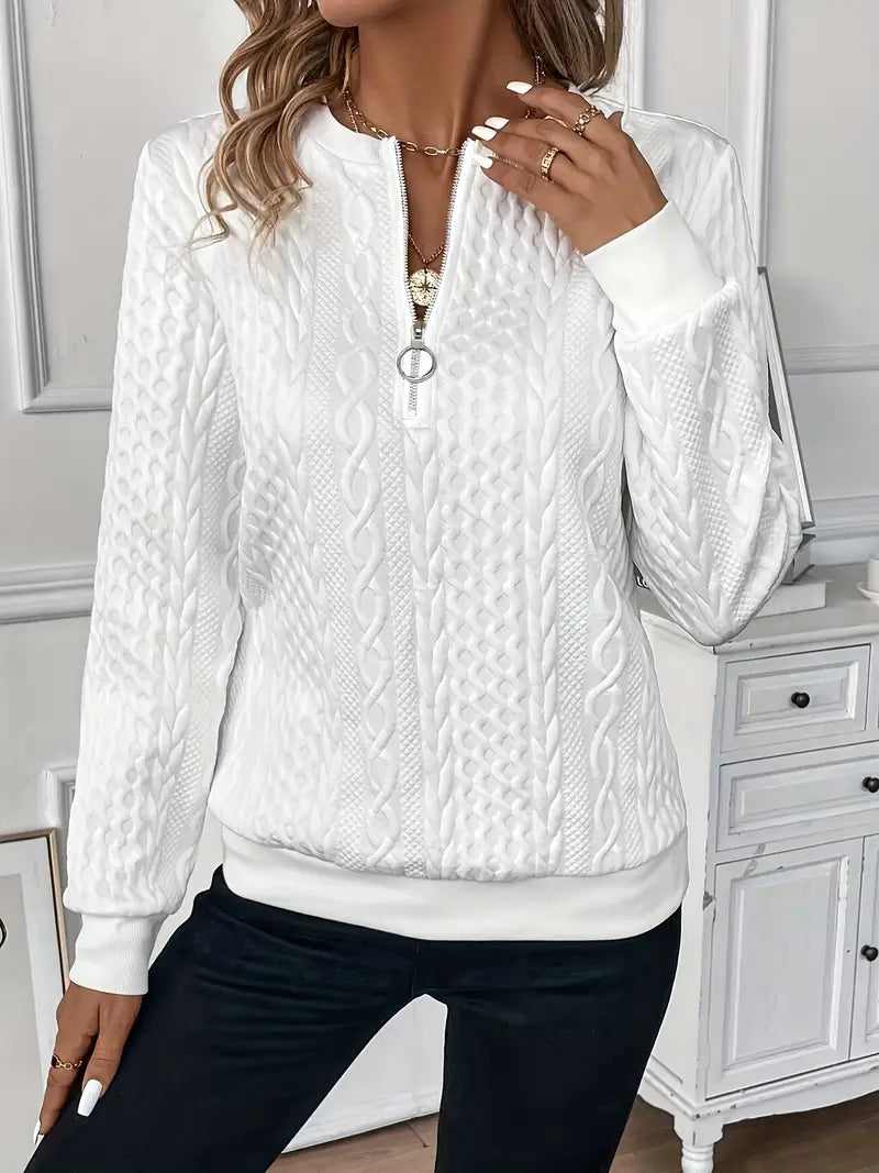 Jersey de Punto Trenzado Cómodo para Mujer con Cuello de Cremallera, Manga Larga y Estilo Relajado Texturizado