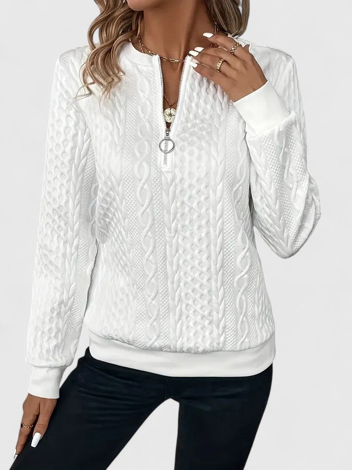 Jersey de Punto Trenzado Cómodo para Mujer con Cuello Redondo, Media Cremallera, Manga Larga y Estilo Relajado