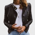 Britani / Elegante chaqueta de cuero negra para mujer con cuello de broches, manga larga, diseño acolchado y corte cropped de estilo casual
