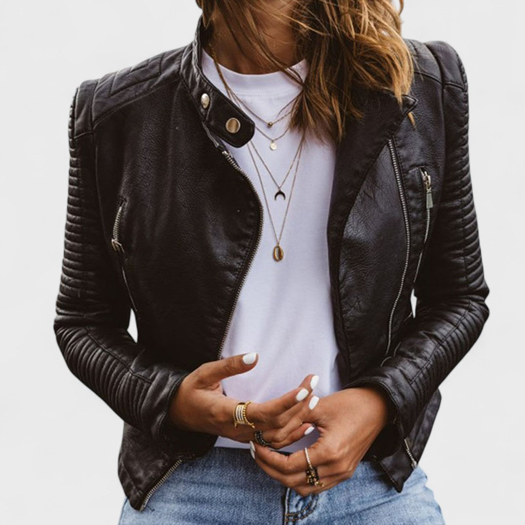 Britani / Elegante chaqueta de cuero negra para mujer con cuello de broches, manga larga, diseño acolchado y corte cropped de estilo casual