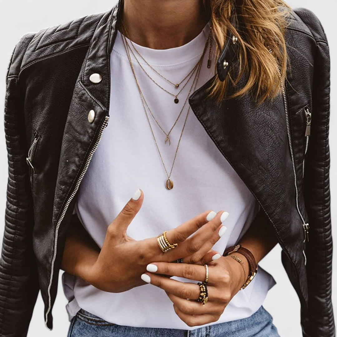 Britani / Elegante chaqueta de cuero negra para mujer con cuello de broches, manga larga, diseño acolchado y corte cropped de estilo casual